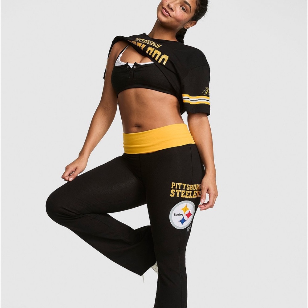PINK Victoria's Secret NFL Steelers Black Bootcut Leggings with Gold Waistband